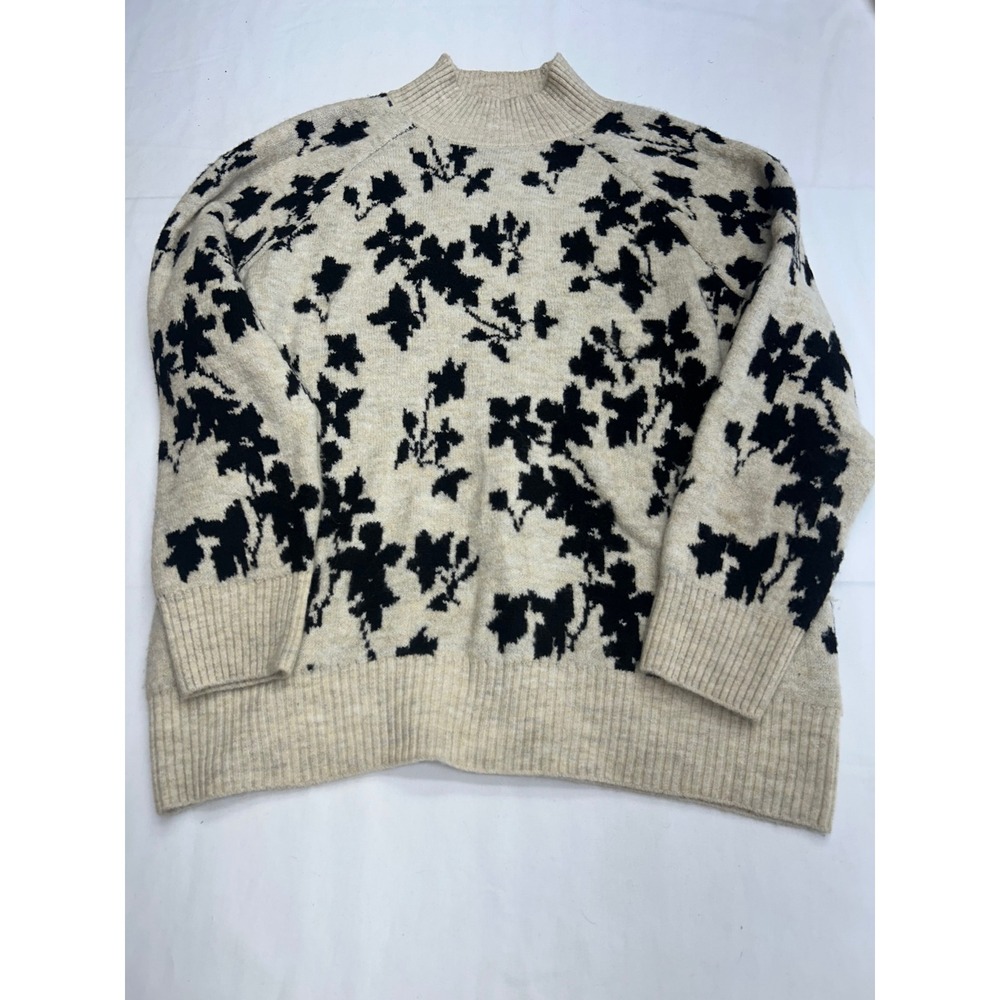 Liz Claiborne Sweater Womens XXL Cream Black Floral Mock Neck Knit  Pullover